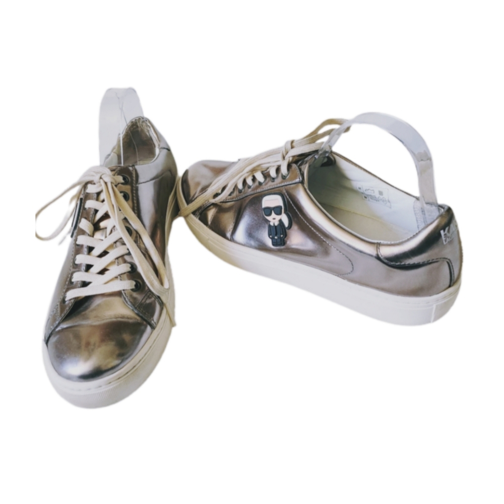 KARL LAGERFELD KL61033 SILVER MIRROR IKONIC LEATHER LOW TOP SNEAKERS - Picture 6 of 7